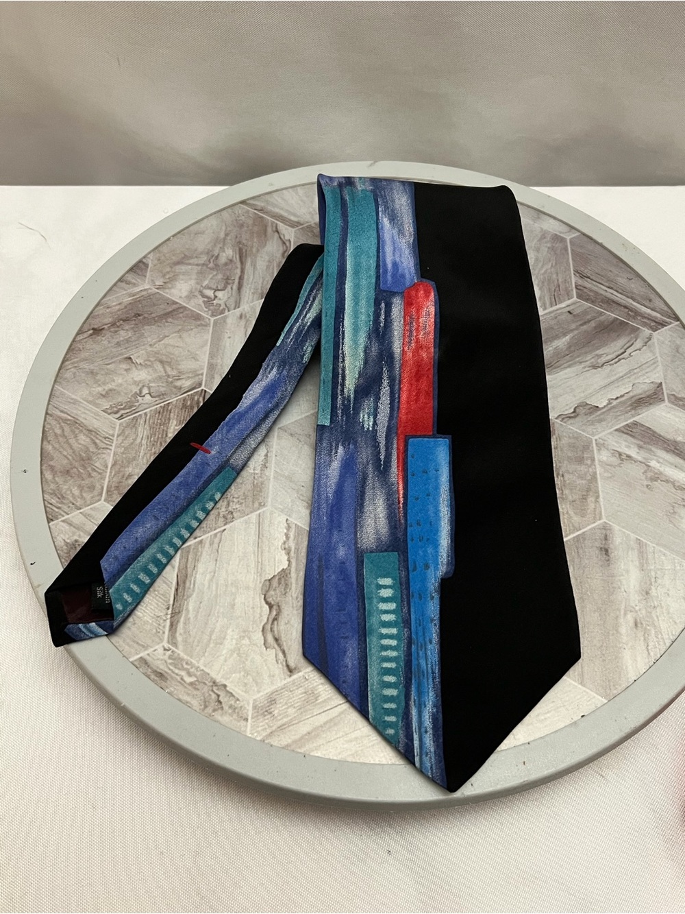 Zylos George Machado Men’s 100% Silk Tie Black Blue Teal Red Abstract 56”